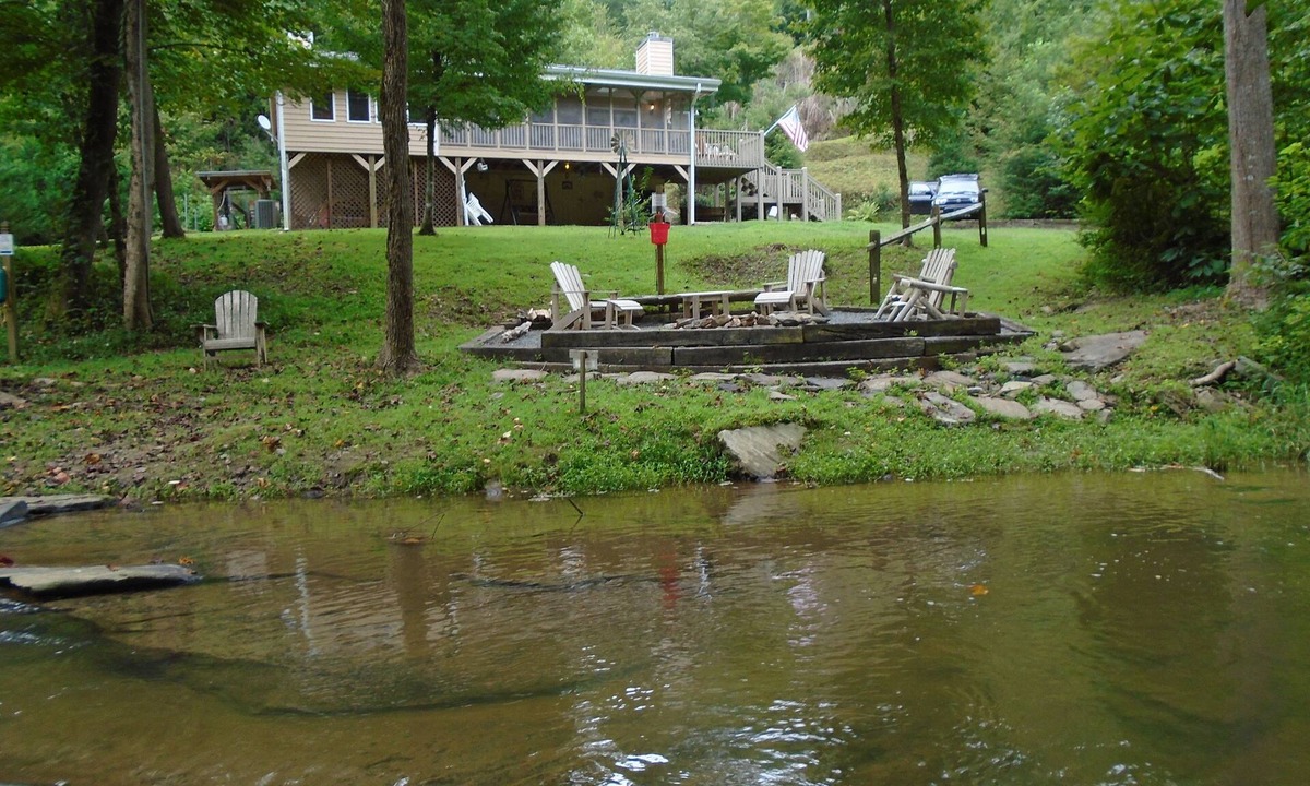 Ellijay Cabin | Mountain Resort Cabin, Private, screened porch overlooking wide peaceful creek.
