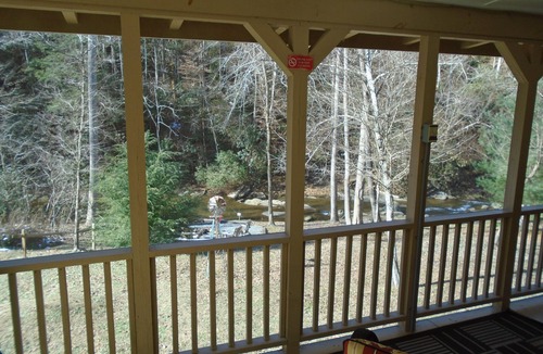 Ellijay Cabin | Mountain Resort Cabin, Private, screened porch overlooking wide peaceful creek.