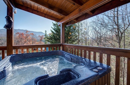 Black Bear Falls Cabin | Stunning mountain views, spacious balcony with hot tub + seasonal pool access.