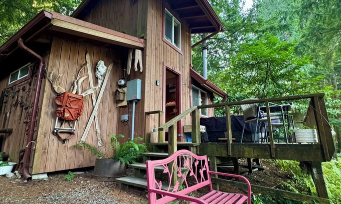 Gold Bar Cabin | Cozy Tiny Cabin with RIVER VIEWS! nSleeps 3, hot tub, wood stove, fire pit!
